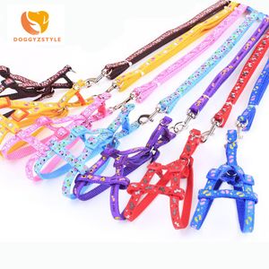 12pcs Lot Small Dog Pet Puppy Cat Adjustable Nylon Harness with Lead leash Multi-colors Patch Printed Collar Halter Harness Leas 2278q