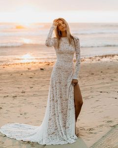 Beach Long Sleeve Wedding Dresses 2022 Backless Full Lace Fairy Tail Greek Bohemian Seaside Bridal Gown Cheap Vestidos boda gitana