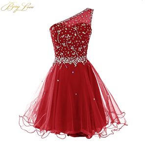 Berylove One Shoulder Homecoming Dress Dark Red Mini Crystals 페르시 얇은 짧은 소녀 가운 댄스 파티 드레스 미니 파티 드레스 T200604