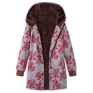 Laufjacken Damen Mantel Blumendruck Vintage Langarm Dicke Winterjacke für den täglichen Gebrauch