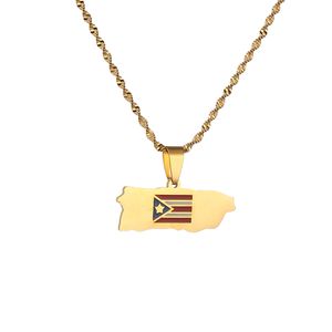 Stainless Steel Fashion Enamel Puerto Rico Map Flag Pendant Necklace For Women Chain Jewelry
