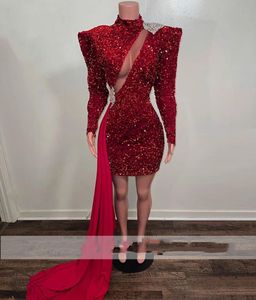 Sexy vermelho africano curta vestidos de baile 2022 mangas compridas vestido de festa de aniversário para meninas negras mini vestidos de cocktail robe de bal