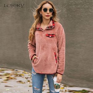 Losssky Patchwork Teddy Sweatshirt Kvinnor Höst Vinter Plush Warm Toppar Fritid Ladies Sweatshirts Kläder Kvinna 201102