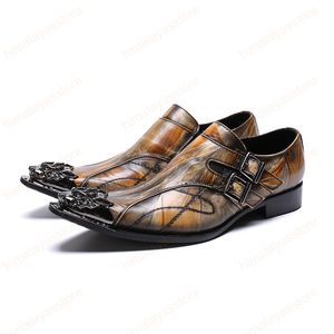 Luxury Men Sapatos vestidos de couro marrom genuíno homem de ferro apontado em toe