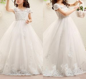 2021 Eleganckie koraliki Koronki Appliqued Little Girl's Sukienka Krótkie Rękawy First Communion Suknie Tulle Wedding Flower Girl Dresses Al8279