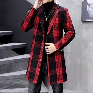 معطف جديد من الصوفية للرجال شتاء أحمر 2021 منقوشة سترة طويلة Abrigo Largo Hombre Mens Wool Trench Coat Woolen Woolen Rindbreaker Men