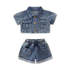 Conjuntos de roupas de crianças meninas roupas denim crianças casaco cardigan tops + shorts de cowboy 2pcs / set verão moda boutique roupas de bebê