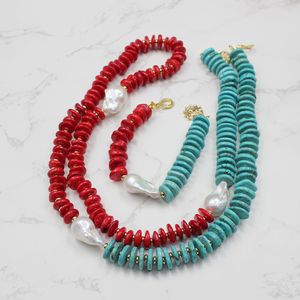 Wholesale garnet and gold earrings for sale - Group buy GuaiGuai Jewelry Real White Baroque Pearl Blue Turquoise Red Coral Long Necklace Bracelet Earrings Sets Handmade For Women