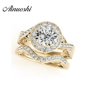 Ainuoshi Classic 925 Sterling Silver Yellow Gold Color Women Ring Set Sona 1.5 karat rund klippt bröllopshalo brudring set Y200106