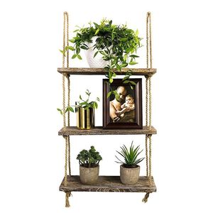 1/2/3 Tier Rustic Wooden Hanging Rope Shelf-Handmade Solid Wood Floating Shelves Home Decorative Wall Mounted Rack LBShipping LJ201209