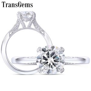 TransGems Anello in oro bianco 14K con moissanite da 1,5 ct 7,5 mm rotondo F colore con accenti per donna fidanzamento vintage Y200620