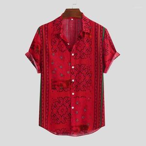 Feitong Erkek Şerit Gömlek Yaz 2020 Düğmeleri Aşağı Kısa Kollu Gevşek Hawaii Gömlek Sıradan Baskısı Kırmızı Blusas12084