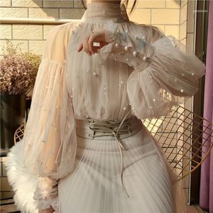 Модные осенние женские милые бусины с пузырьковыми рукавами и жемчугом на пуговицах, марлевые блузки, женская элегантная сетчатая рубашка, Blusas Tops11