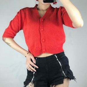 Mohair Kvinnor Sticked Short Cardigan Coat Lady V-hals Puff Sleeve Ladies Knitwear Top Female 201031