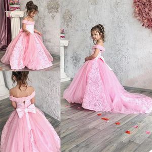 Pink Off Axel Pageant Dresses With Bow Sash 3D Flowers Sweep Train Girls Birthday Party Gowns