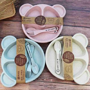 Baby Bowl Łyżka Widelec Feeding Food Wareware Zestaw Kreskówki Niedźwiadek Dzieci Daniaczy Jedzenie Obiadowa Anti-Hot Pszeniczna Słoma Trening