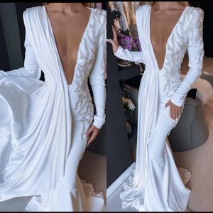 Derin V Boyun Saten Gelinlik Seksi Uzun Kollu Major Boncuk İnciler Pleats Vintage Gelinlikler Robe de Soirée de Mariage