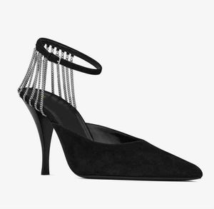 Summer Brand Vesper Sling Sandals Shoes for Women Chain-trimmad Suede Pointed Toe Märke Pumpar Kedjekonbellerade ankel Straps Lady High Heels