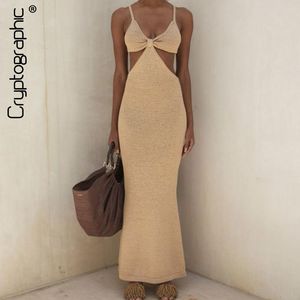 Casual Dresses Spaghetti Strap Sexig rygglös maxi ärmlös Women Party Club Elegant Hollow Dress Sundress