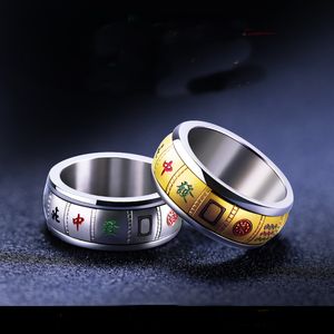 Aço de titânio jóias banda anéis banhado a ouro Rotatable Mahjong anel boa sorte anéis para homens e mulheres tamanho 7-11