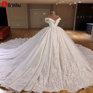 NY! 2022 Designer Lace Ball Gown Wedding Dresses Off Shoulder Straps Sweetheart 3D Floral Applique Chapel Train Brudklänningar