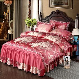 Europa Jacquard Koronki Pościel Zestaw Królowa King Size Luksusowy Kwiatowy Dopasowany Arkusz 4 Sztuk Duvet Cover Set Pillow Shams Bedclothes T200706