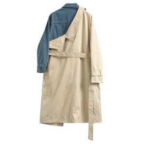 [Eam] 20120 nova primavera outono lapela manga longa caqui khaki hit cor denim stitcing solto sashes windbreaker mulheres moda maré jh638 201103