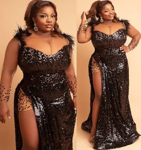 2022 Plus Size Arabic Aso Ebi Black Sparkly Sexy Prom Dresses Beaded Feather Evening Formal Party Second Reception Birthday Engagement Gowns Dress ZJ250