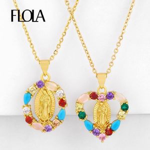 Collane con ciondolo FLOLA CZ Arcobaleno Vergine Maria per le donne Pendenti con gemme e perle in oro cristallo con cuore Virgen De Guadalupe Nkeq371