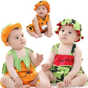 2020夏の幼児ジャンプスーツ生まれたばかりの赤ちゃんの男の子の服動物の成形タイガースイカのロンパース+帽子の衣装2個の服装セットG220223