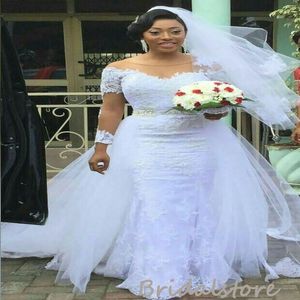 Nigéria mais tamanho sereia vestido de noiva com overskirt trem aso ebi branco manga longa país vestidos de noiva 2022 frisado vestido de nupcial africano robes de mariage