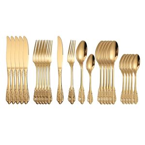 24pcs Stainless Steel Dinnerware Set Gold Cutlery Fork Royal Knives Kitchen Tea Spoon Western Dinner Tableware Flatware Gift 211229