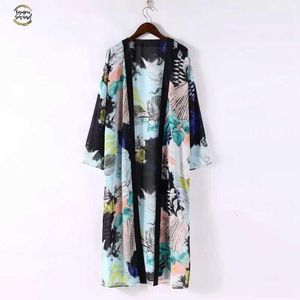 Kadınlar Boho Çiçek Baskılı Uzun Bluz Gevşek Şal Kimono Hırka Boho Plaj Cover Up Gömlek eskitmek