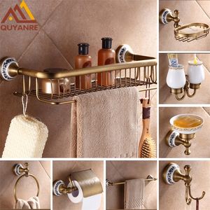 Wholesale antique brass bathrooms resale online - Quyanre Antique Brushed Brass Porcelain Bathroom Hardware Towel Shelf Towel Bar Paper Holder Cloth Hook Bathroom Accessories LJ201209