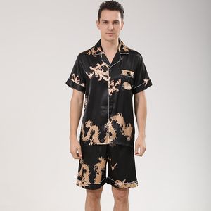 Mężczyźni Satin Silk Piżamy Sleepwear Zestawy Koszulki Spodenki Mężczyzna Pijama Sen Wear Leisure Home Odzież Dragon Letter Mężczyzna Loungewear