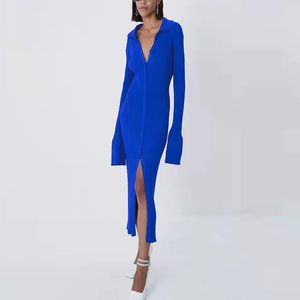 Women Bodycon Knitted Dress Lady Single Breasted Lanter Sleeve Elegant Female Turn Down Collar Mid Split Slim Dresses Autumn