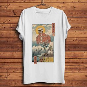 Vintage Ukiyoe Style Attack On Titan Rolig Anime Tshirt Män Sommar Ny Vit Casual Short T Shirt Unisex Streetwear Ukiyo Tee G1222