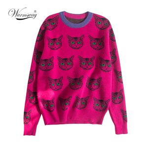 Hohe Qualität Runway Designer Katze Drucken Gestrickte Pullover Pullover Frauen Herbst Winter Langarm Harajuku Süße Jumper C-192 LJ201017