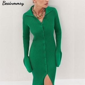 Y2K Women Bodycon Knitted Dress Lady Single Breasted Lanter Sleeve Elegant Female Turn Down Collar Mid Split Slim Dresses Autumn 220311