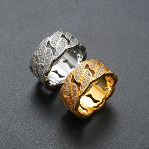 10mm Mężczyźni Kobiety Kubańska Link Chain Pierścionki błyszczące Cyrkonia 18K Pozłacane Iced Out Bling Bling Finger Hip Hop Punk Biżuteria Rozmiar 7-11