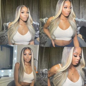 Full Density Ash Blonde Lace Front Wig Straight Ombre Highlights Platinum Blondes Grey 13x6 HD Laces Frontal Wigs Pre Plucked