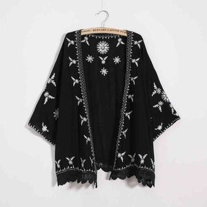 Kobiety Haft Kimono Cardigan 2021 Boho Moda Letnia Koszula Szal Bluzka Koronka Kremowa Koronki Luźne Topy Znosić Blusas Feminina H1230