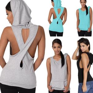 Women's Hoodies & Sweatshirts Wholesale- Hooded Pocket Open Back Cross Fleece Tank Top 2021 Fashion Lady Sleeveless Sweatshirt Shirt Blouse
