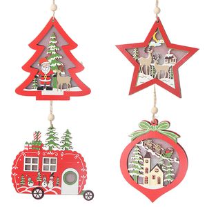 LED Light Christmas Tree Star Car Wooden Pendant Ornament Xmas DIY Wood Crafts Kids Gift for Home Christmas Party Decoration WVT1162