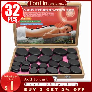 Tontin 32pcs / conjunto massagem corporal pedra de pedra quente caixa de aquecimento de bambu basalt pedra massagem lava para saúde de volta com 220V / 110V