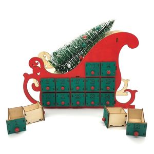 Jul Sleigh Tree Wooden Advent Calendar Countdown Xmas Party Decor 24 Lådor med LED Light Ornament 201127