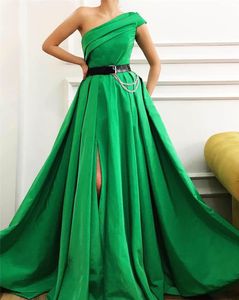 Simples Satin One Shoulder Long Evening Dresses A-Line Sexy Thigh High Split Side Floor Length Formal Party Gowns Prom Dress For Women Cheap