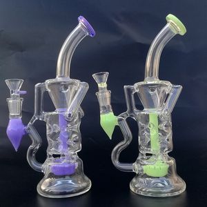 WholesaleタービンPerc Double Recycler Hookahs BENTタイプスタイルBongs水道パイプガラスボウルファブ卵オイルDABリグ喫煙パイプ14.5mm女性ジョイントHR319