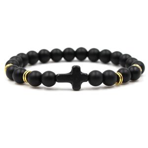 Bracciale con croce cristiana in pietra nera naturale da 8 mm per uomo donna gioielli con perline di fascino braccialetti braccialetto con Gesù prezzo all'ingrosso