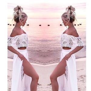 Beyaz Dantel Plaj Elbise Kadınlar Için Uzun Iki Parçalı Beachwear Elbiseler 2019 Yaz Sundresses Artı Boyutu Elbise Top Robe Blanche Dantel1